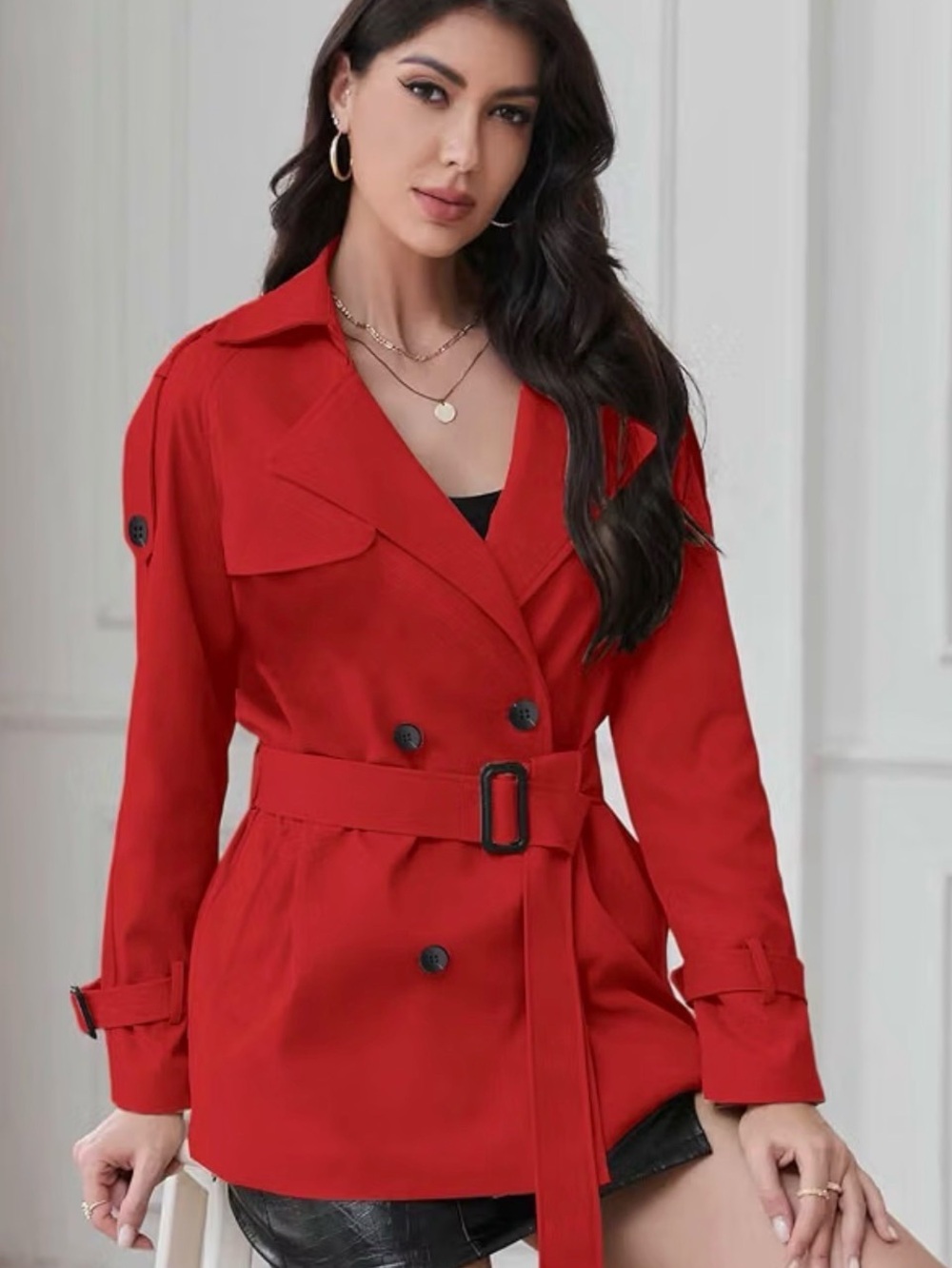 Red trench coat/black dance costume
